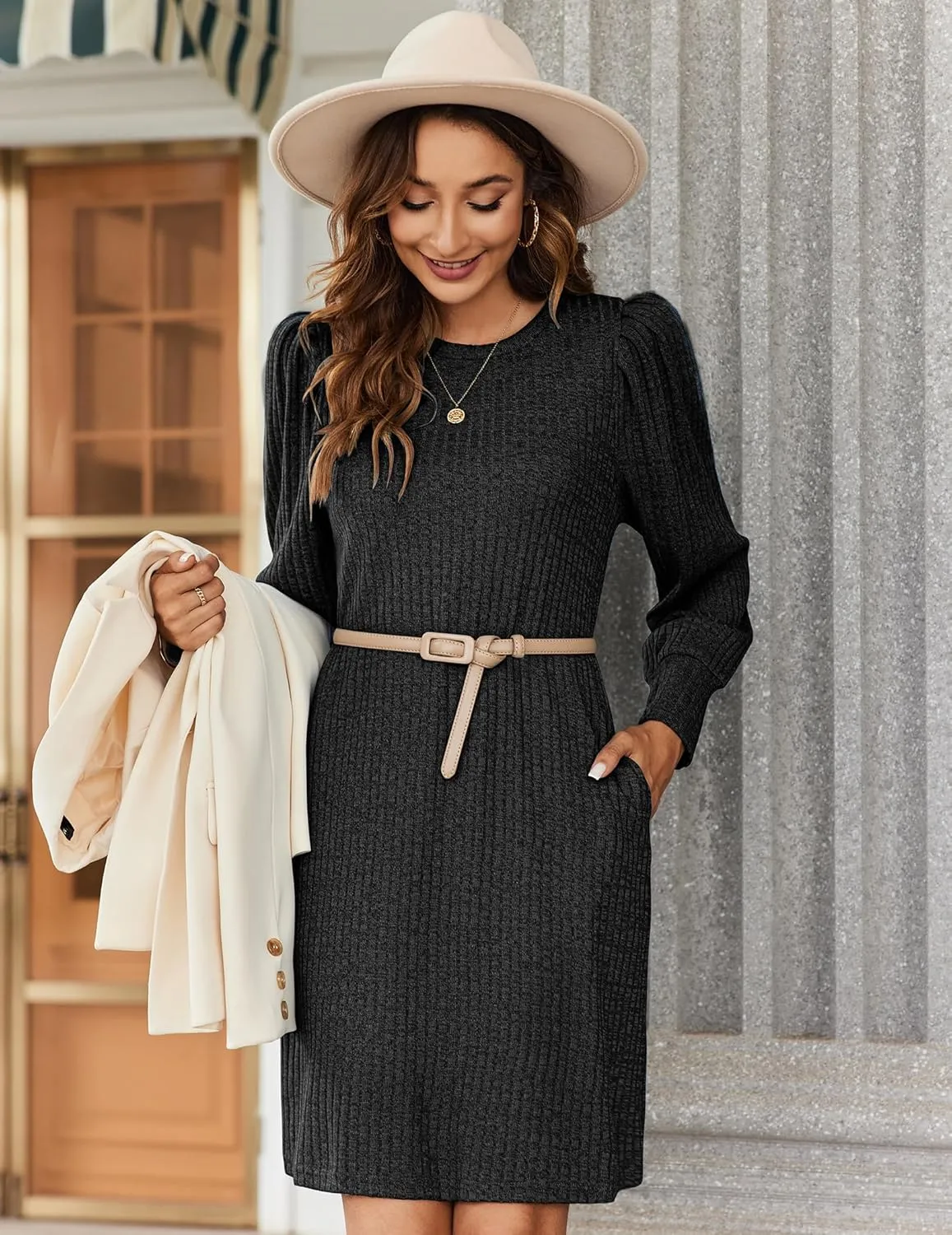 Zeagoo Women Knit Dress Puff Long Sleeve Dress for Fall Winter Round Neck Casual Tunic Dress